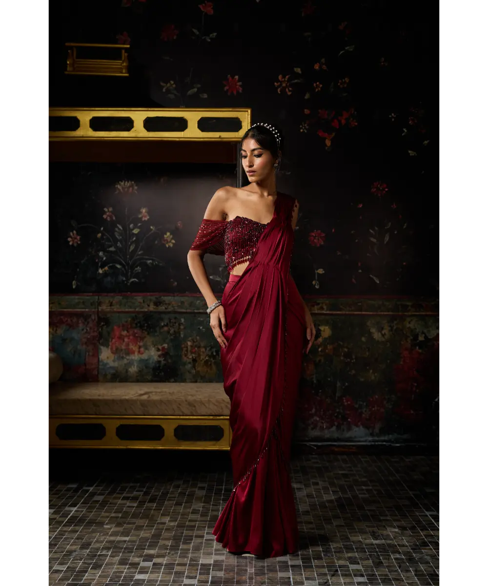 DIYARAJVVIR - MAROON EMBELLISHED SHARARA SAREE SET